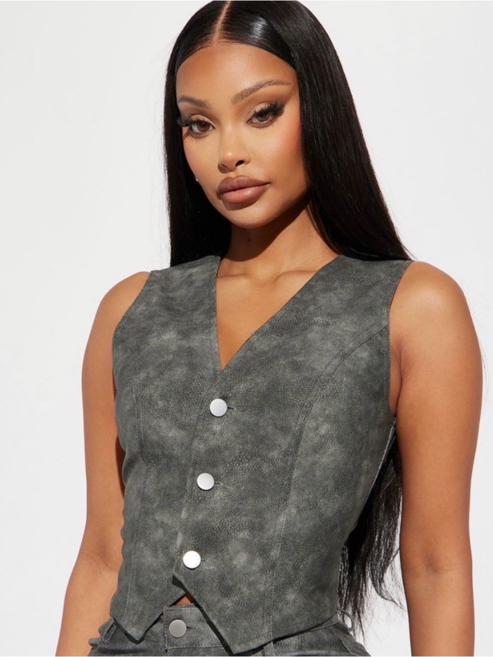 V-Notch Faux Suede Button Vest in Charcoal Gray